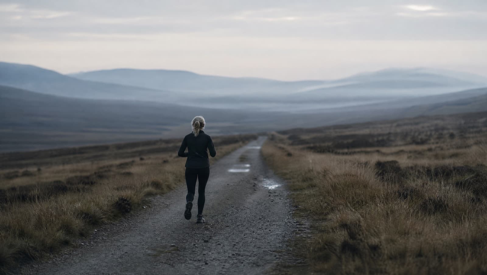 A masters-age runner alone on a flat gravel track at dawn, relaxed and unhurried