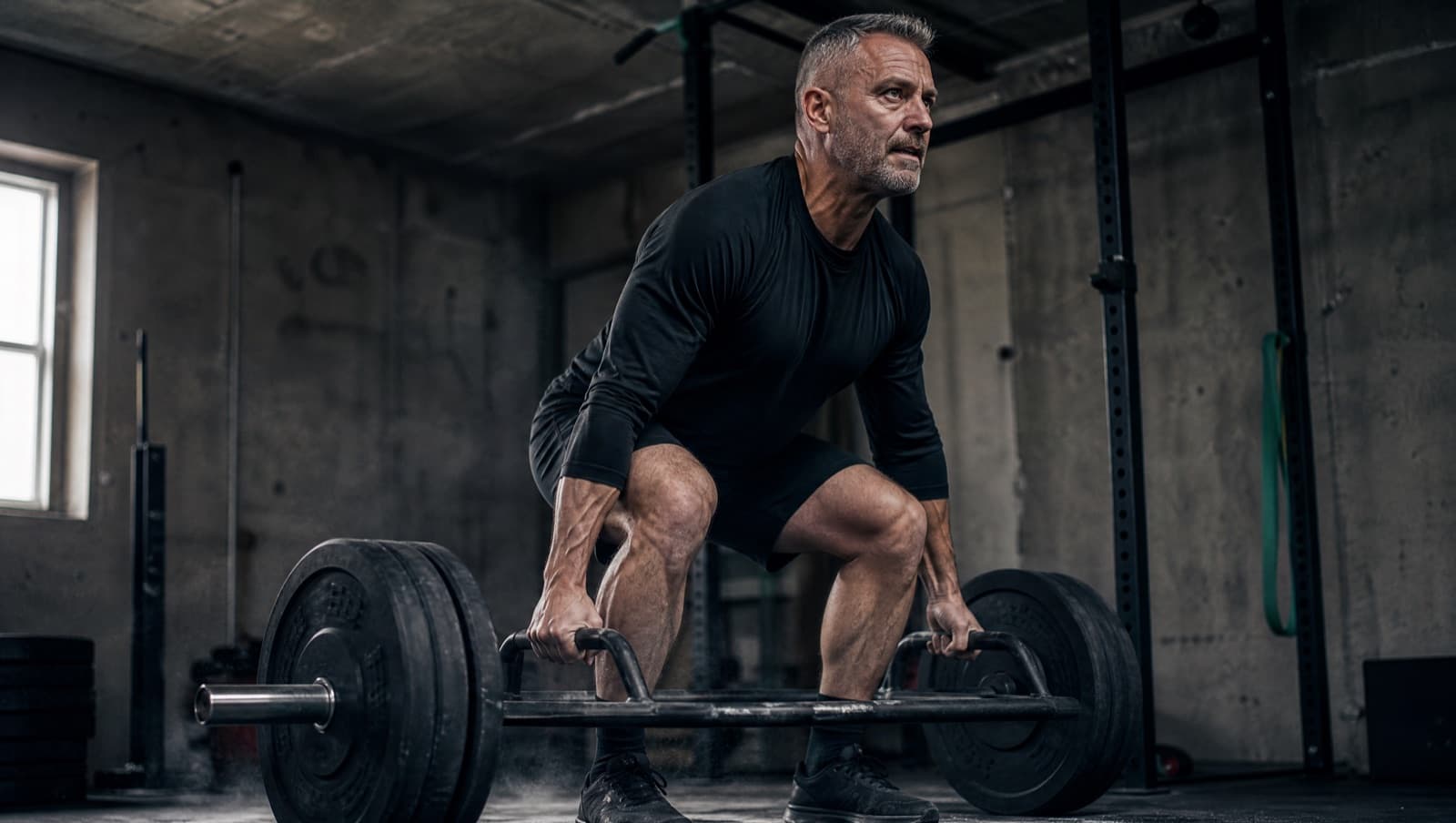 A masters-age runner mid-rep in a heavy trap bar deadlift in a plain garage gym