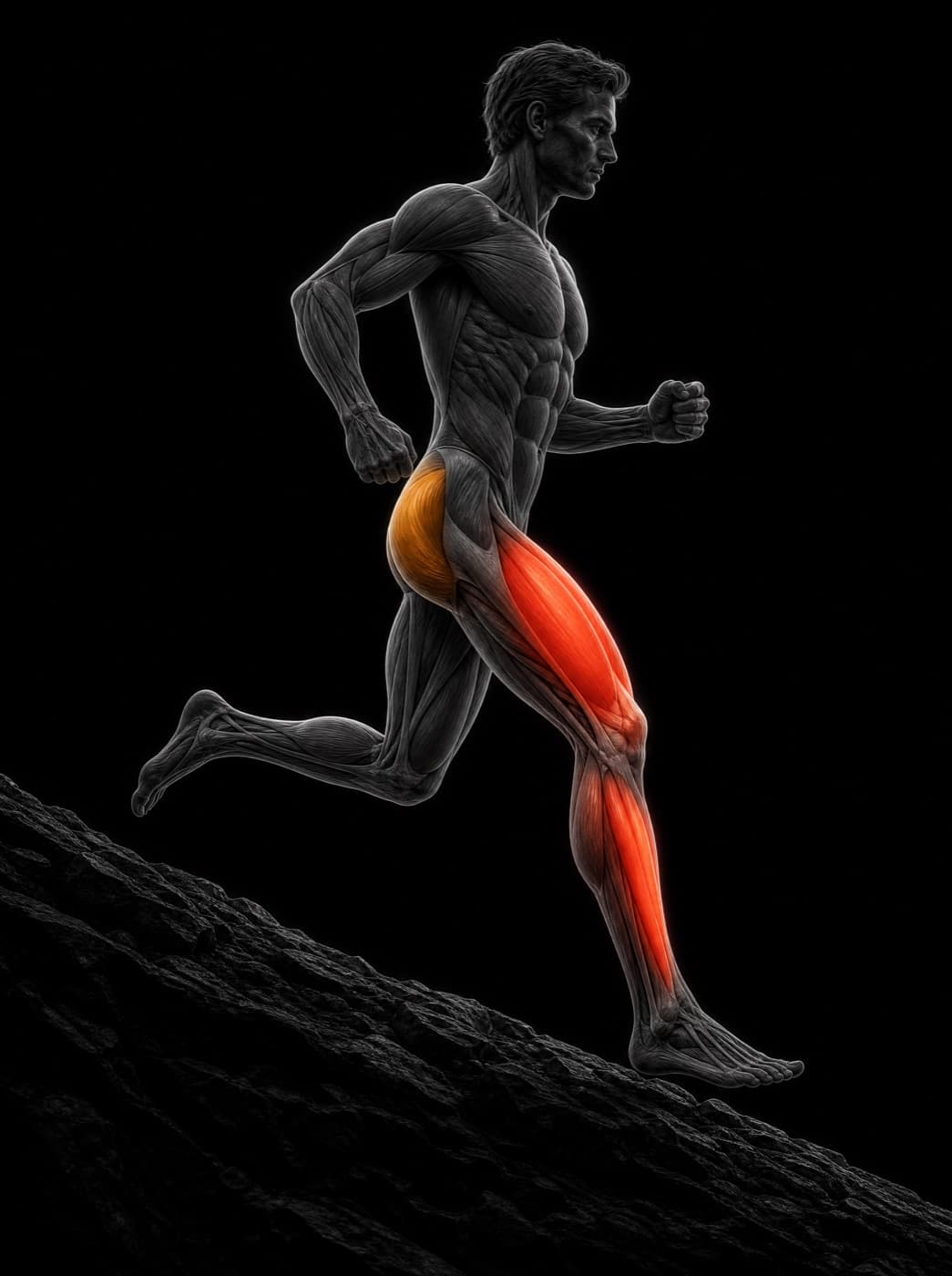An anatomical runner descending a steep slope with the quadriceps and shin muscles glowing under load